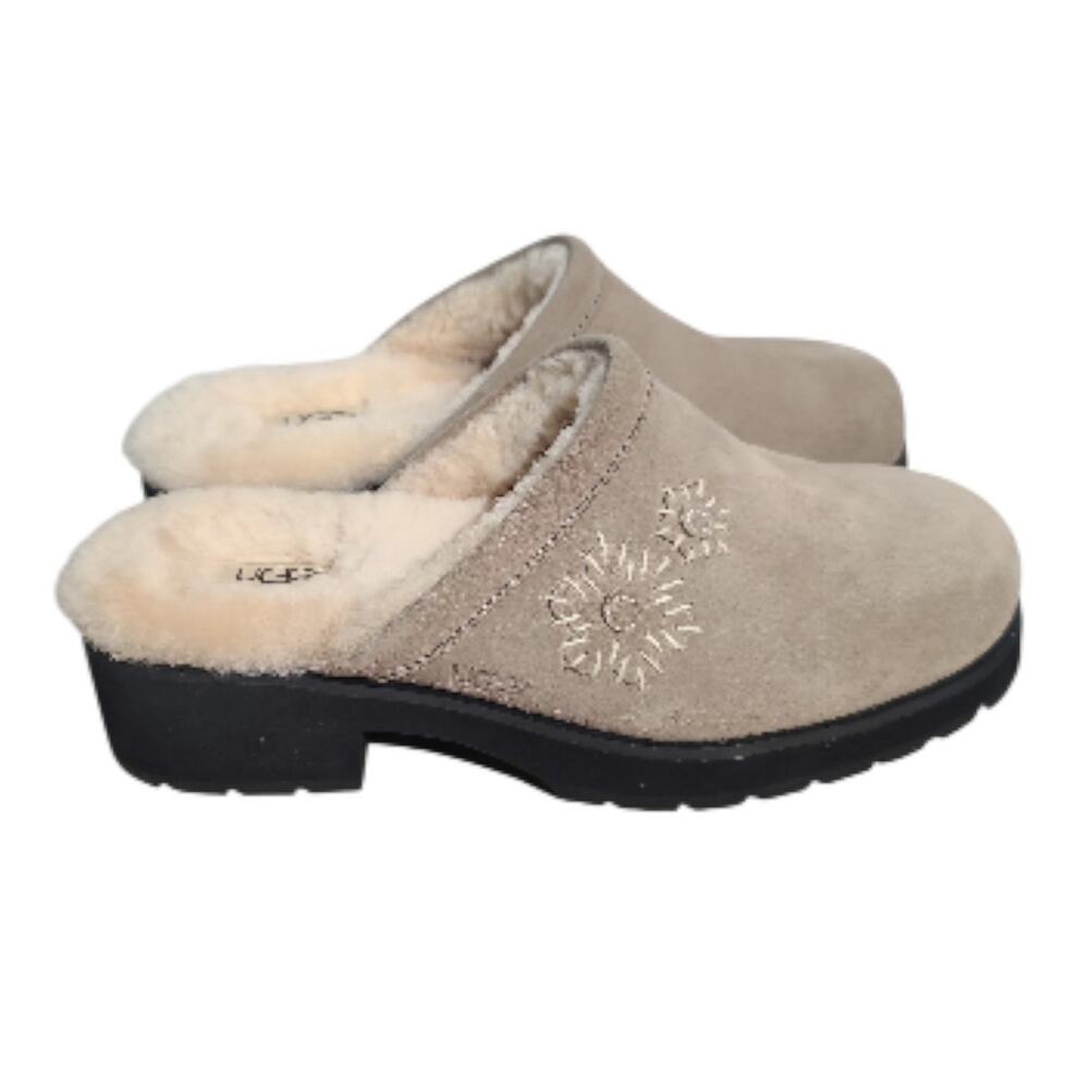 UGG Sovang Suede Sheepskin Mule Clogs Size 10 Tan Floral 2" Heel